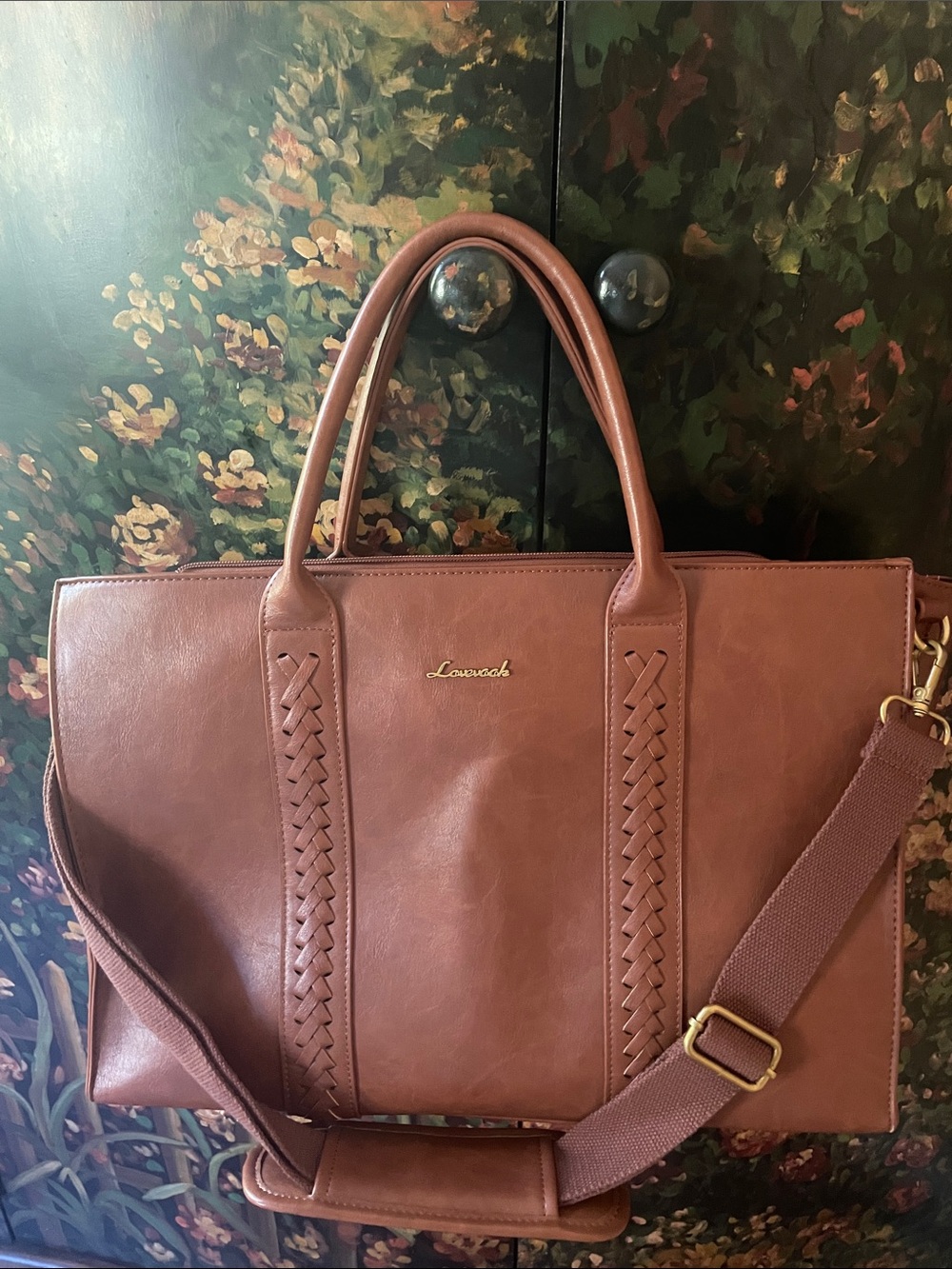 Brown Leather Laptop Tote with Braided Detail.